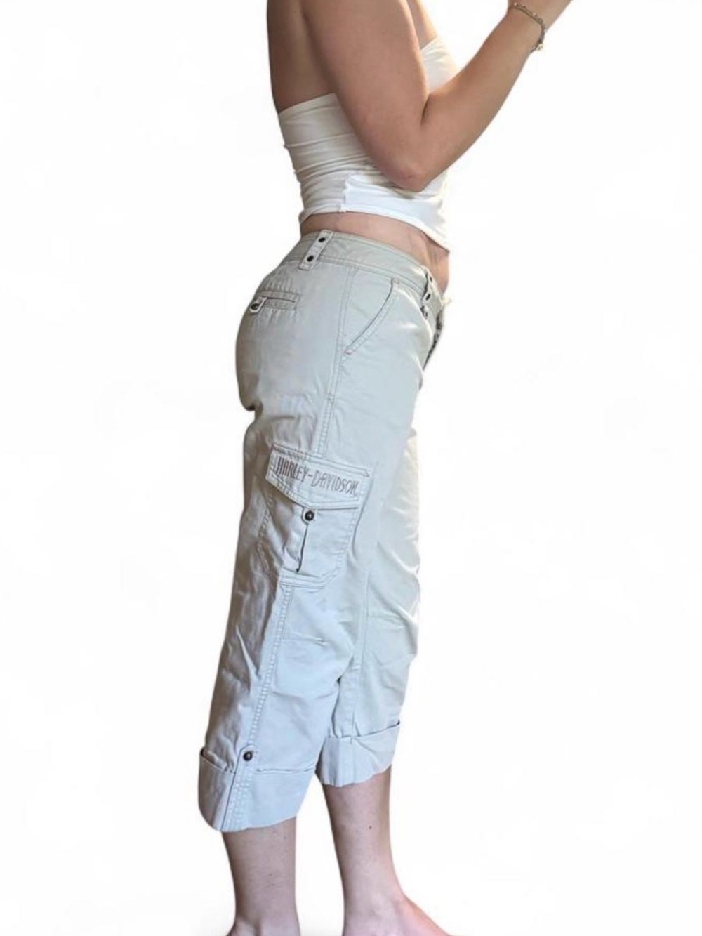 Harley-Davidson Women's Cream Cargo Capris with Roll-Tab Hems